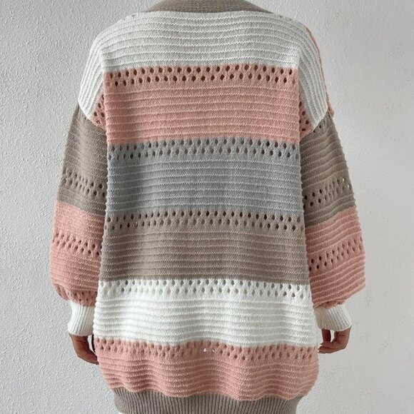 Multicolor Casual Womens Color Block Drop Shoulder Open Front Cardigan - Picture 2 of 5